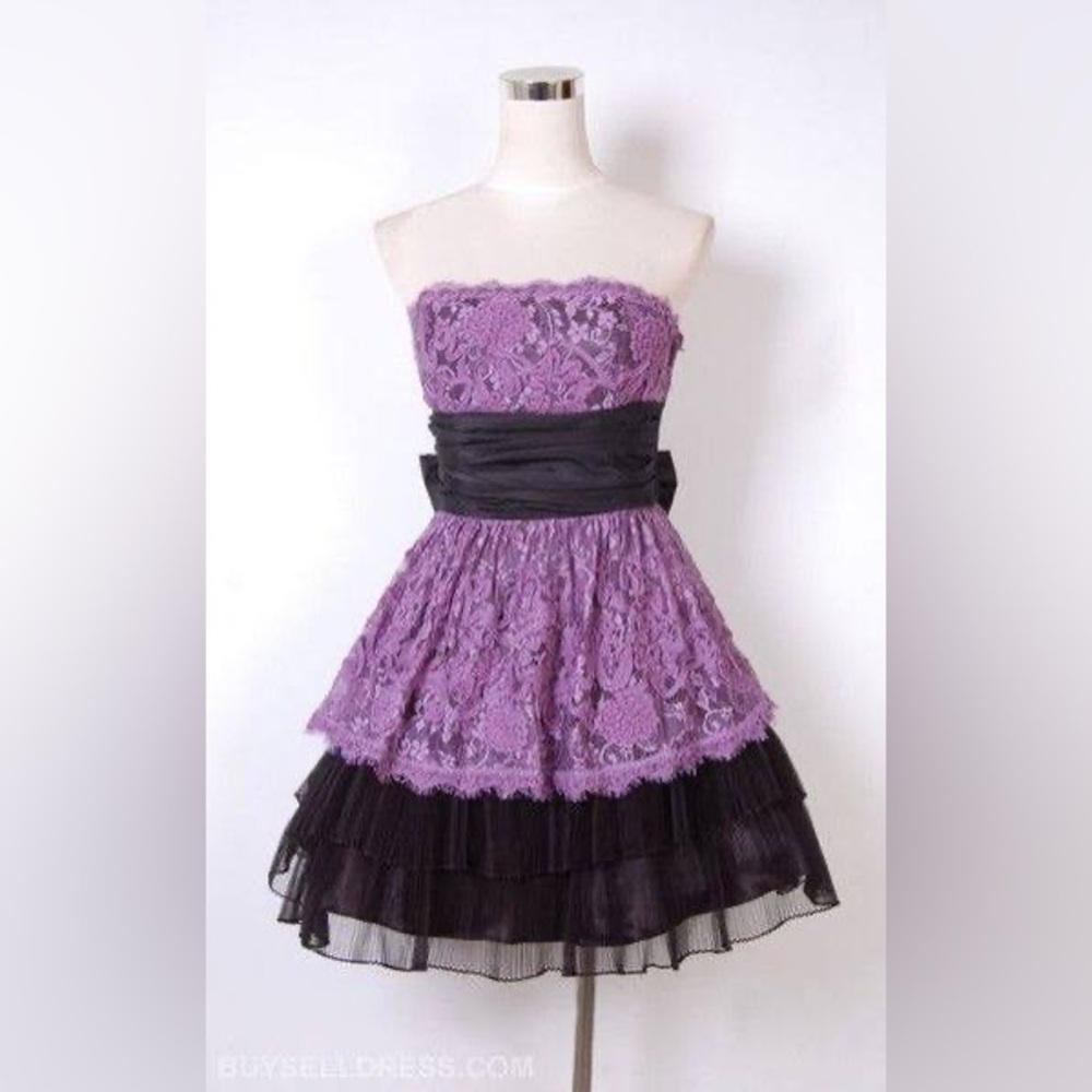 Betsey Johnson Purple Lace Strapless Cocktail Dress with Black Accents